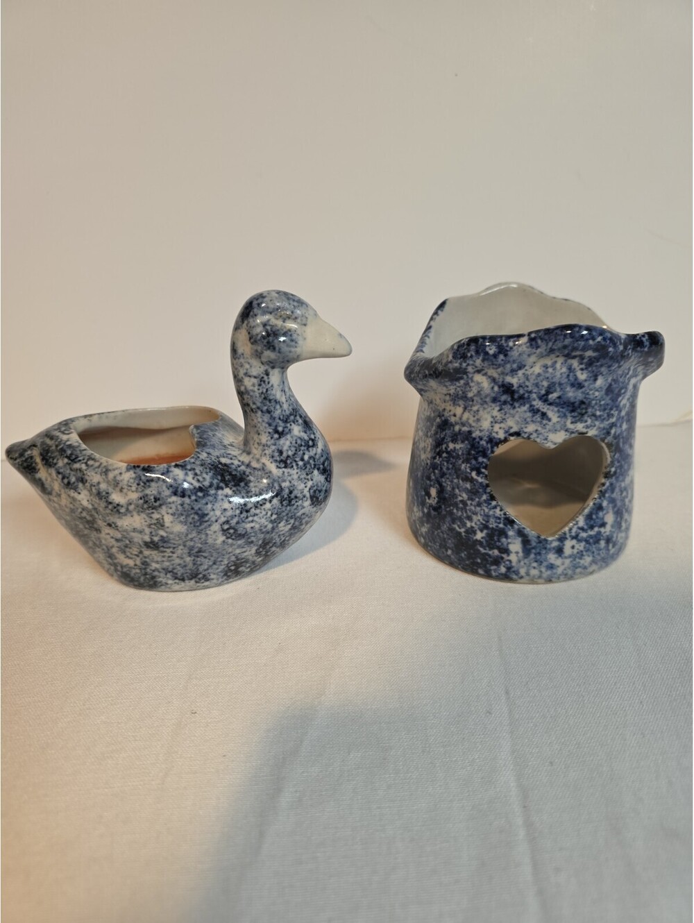 Vintage Blue Spongeware Ceramic Set: Duck & Heart Votive Candle Holder
